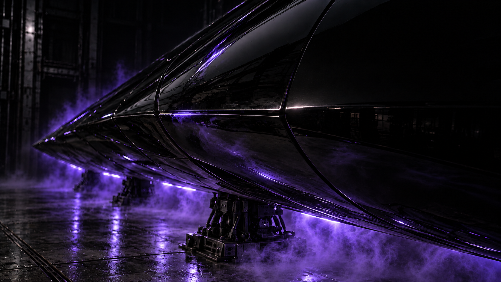 Close-up of the parked MX-01 in a dark hangar, its closed black-chrome armor reflecting ultraviolet light and drifting violet fog above grounded maintenance cradles.