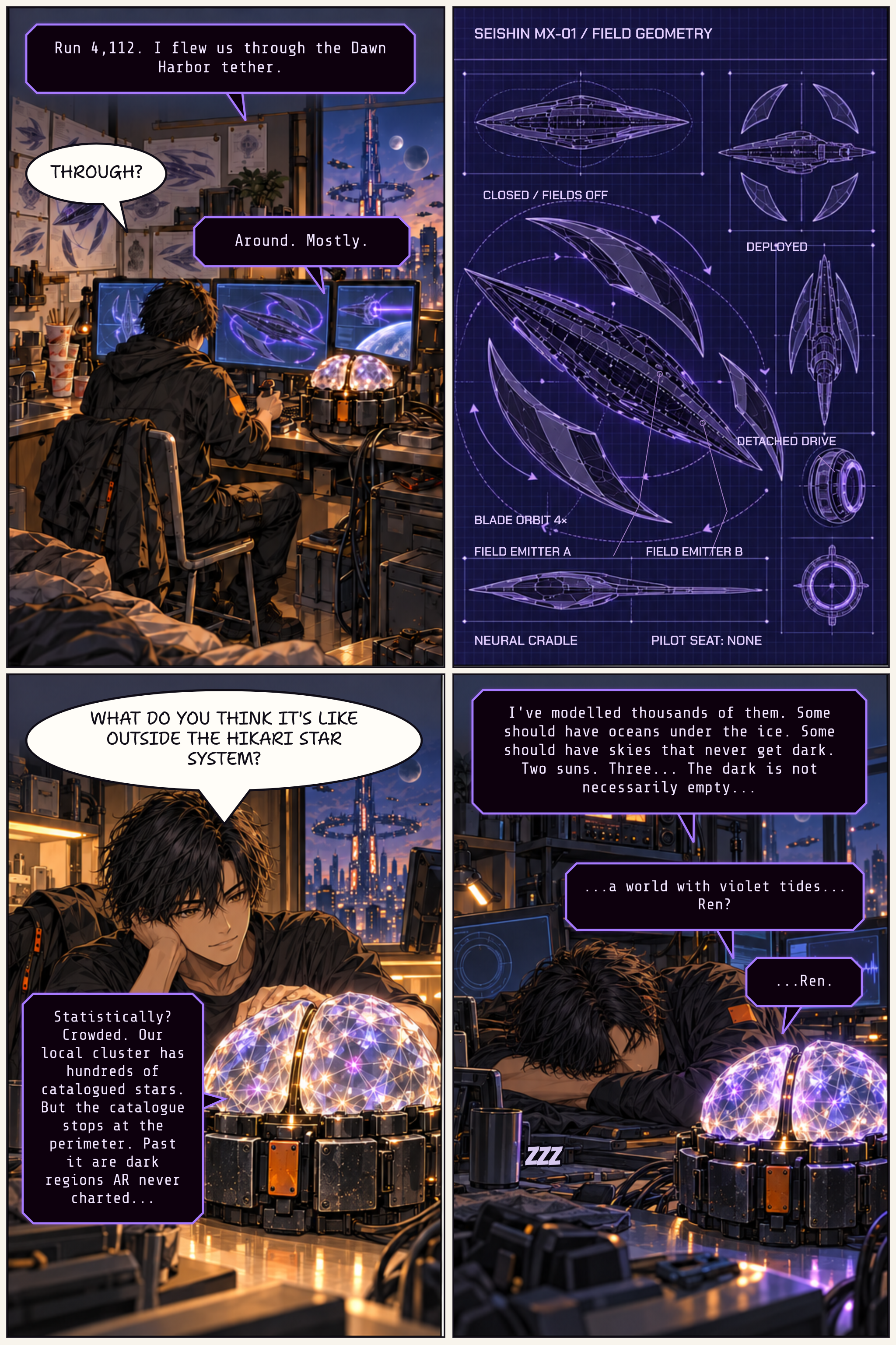 Page 3: Ren trains the Mind in his bedroom, studies an MX-01 schematic, and falls asleep while the Mind describes uncharted worlds.
