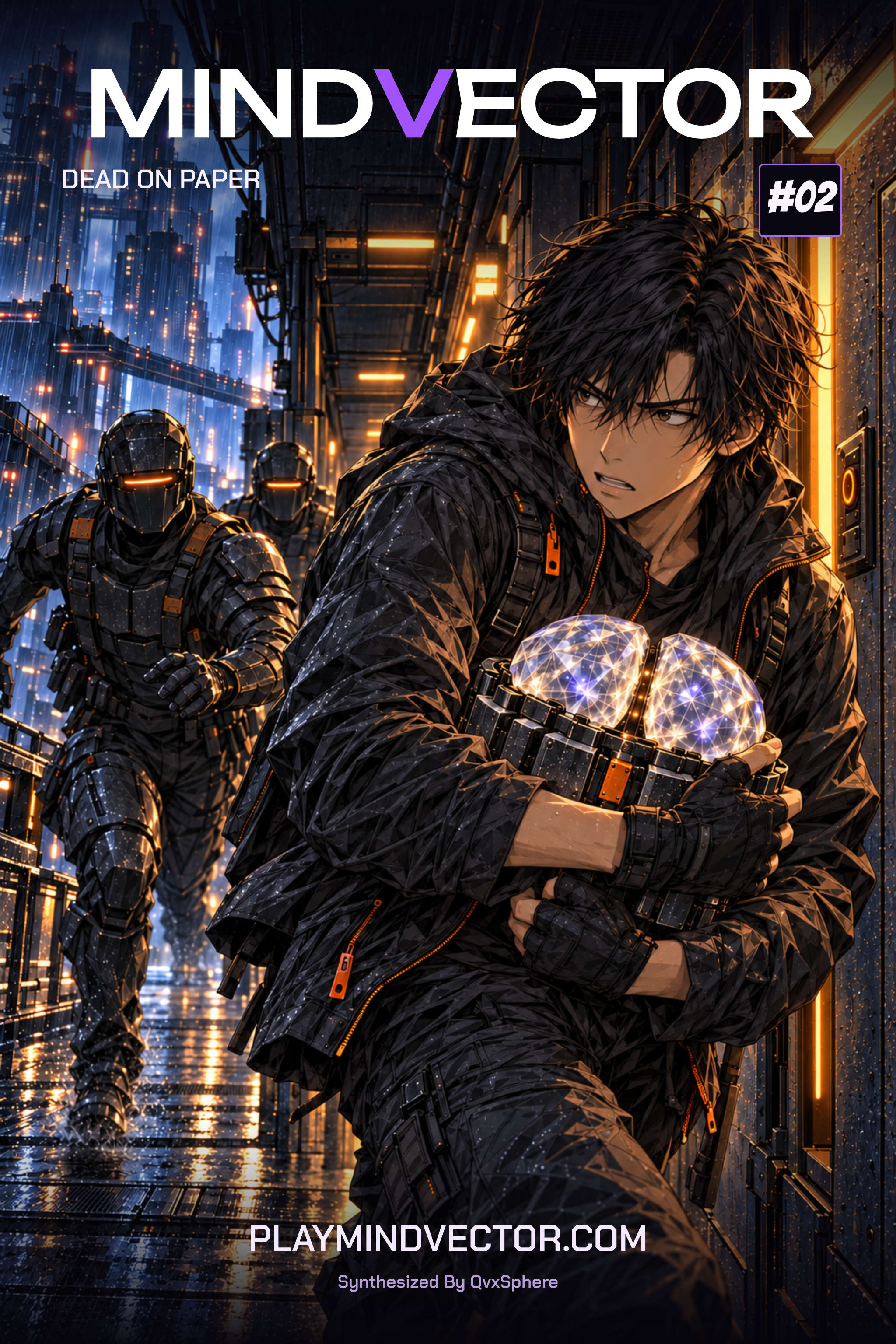 Cover: Ren protects his crystalline synthetic Mind against orange-lit corporate security in the rainy city of Hikari Reach.