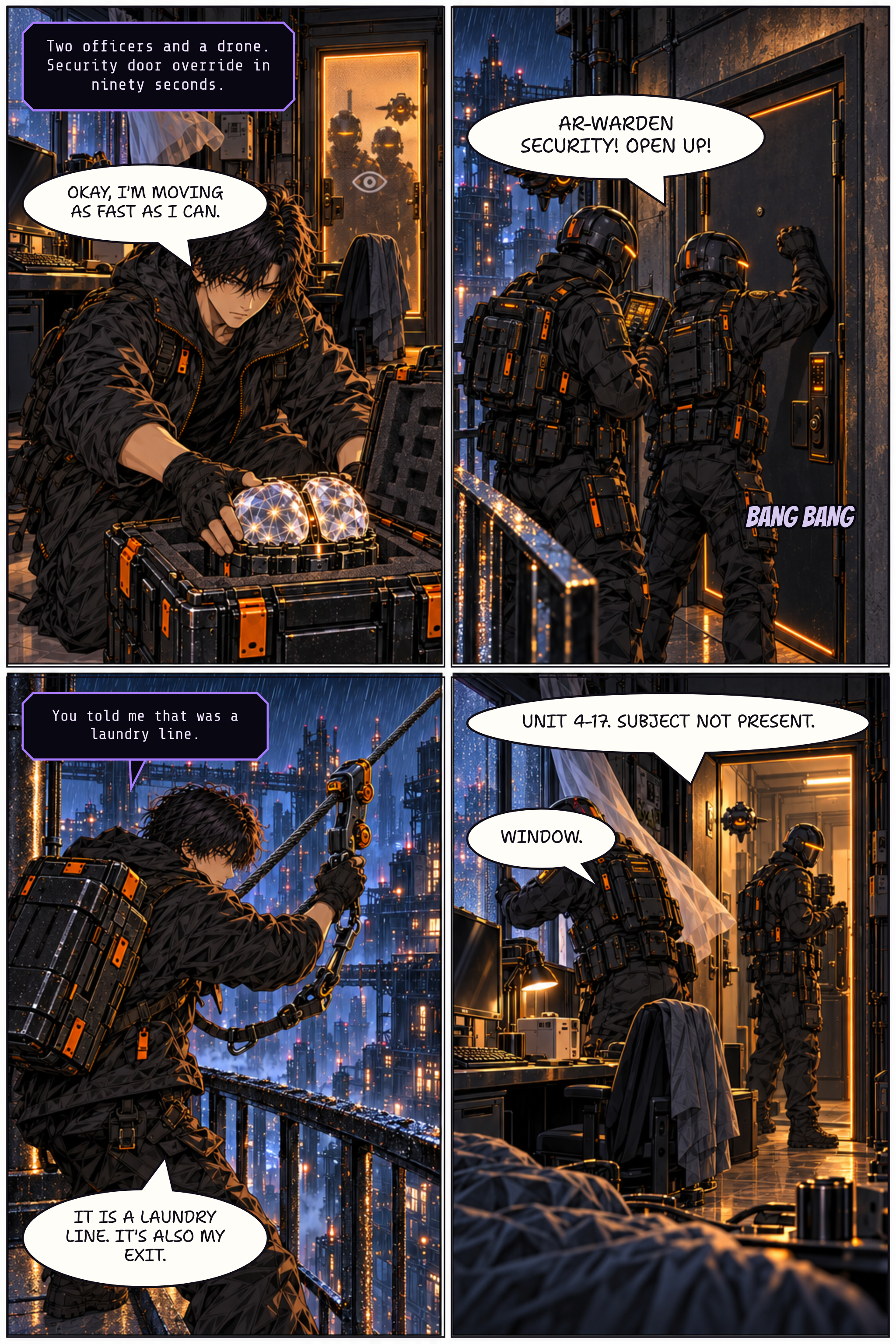 Page 1: Officers work to override Ren’s one-way security door. Ren packs the Mind, clips a powered climber onto a rising cable and escapes as security searches his apartment.