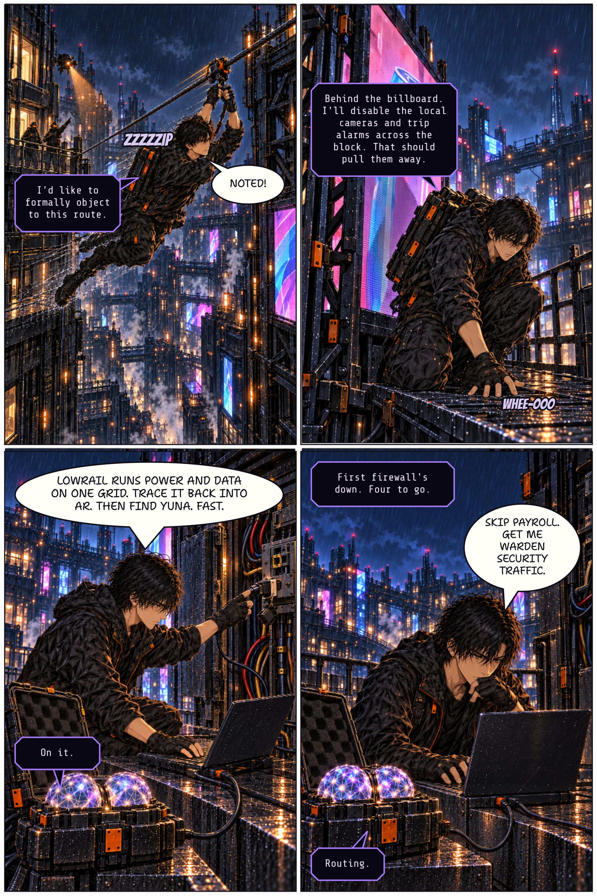 Page 2: Ren climbs above the pursuing guards, hides behind an immense billboard and connects his laptop and the Mind to a maintenance network to search for Yuna.