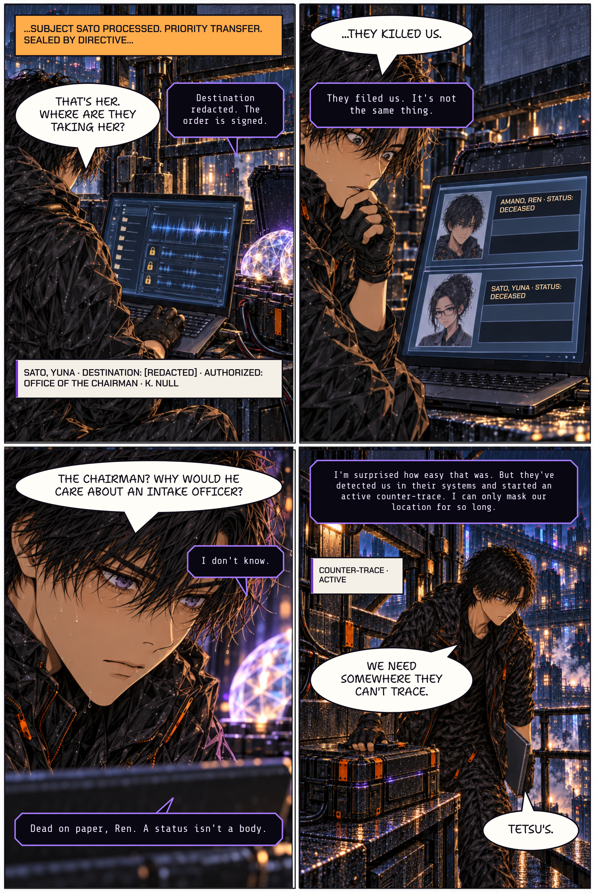 Page 3: Restricted AR records reveal Yuna’s redacted transfer and false deceased statuses for her and Ren. A counter-trace forces Ren and the Mind to leave the billboard platform for Tetsu’s.