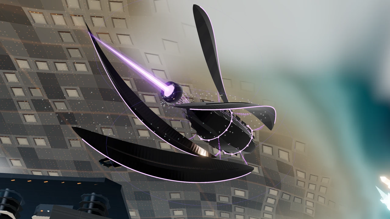 Black MX-01 with rotating blade panels and purple ion exhaust above the city-world's illuminated surface pattern.