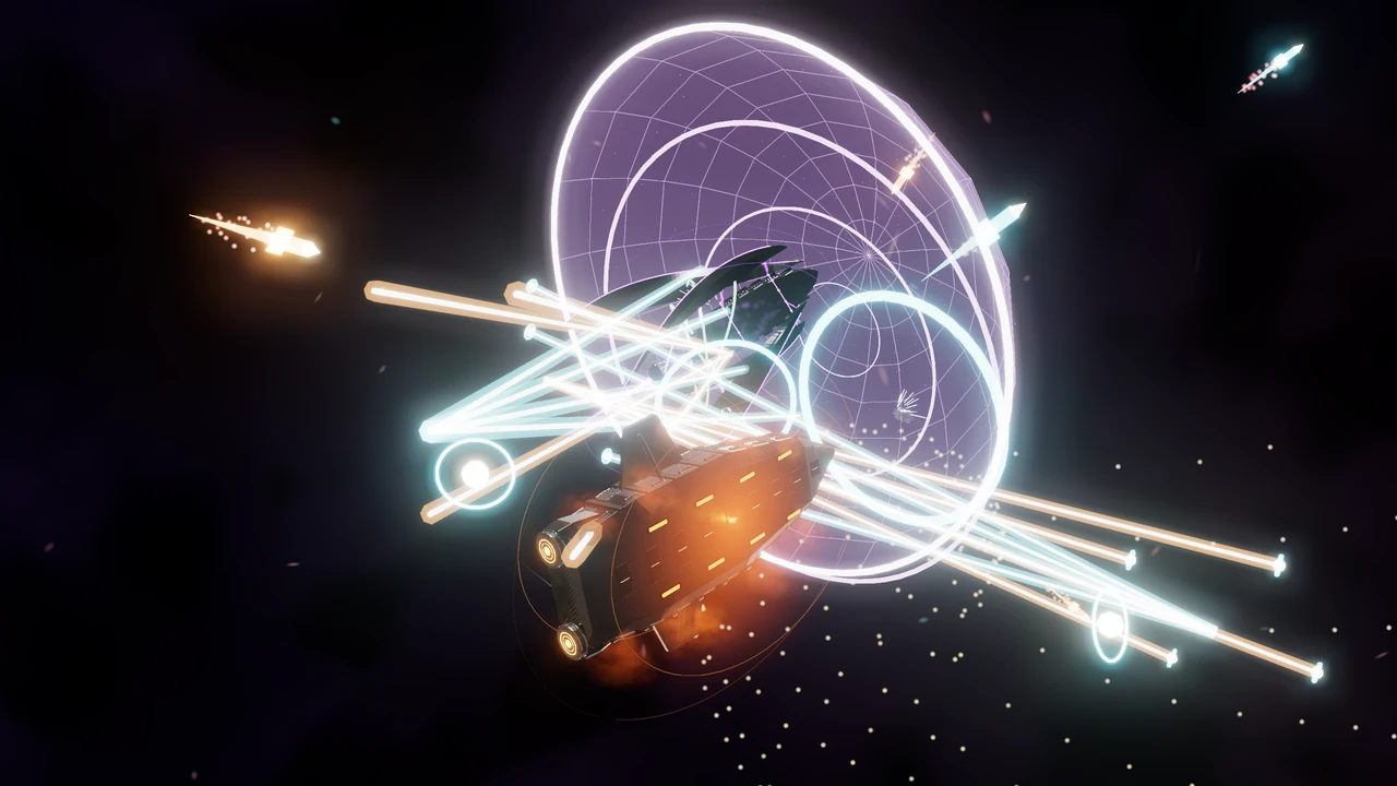 Orange-lit Warden in the foreground beneath cyan and amber weapon beams; the black MX-01 is visible behind a violet deflector field.