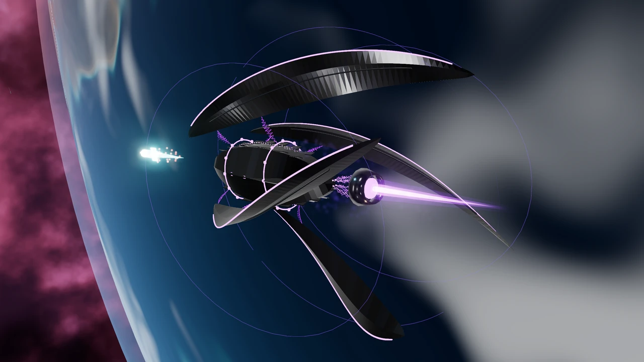 Close banked rear-quarter view of the black MX-01 with ultraviolet arcs and ion tail against Hikari's curved horizon.