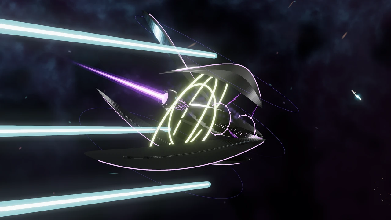 The deployed MX-01 surrounded by its purple suspension fields and luminous system rings as cyan beams streak past.