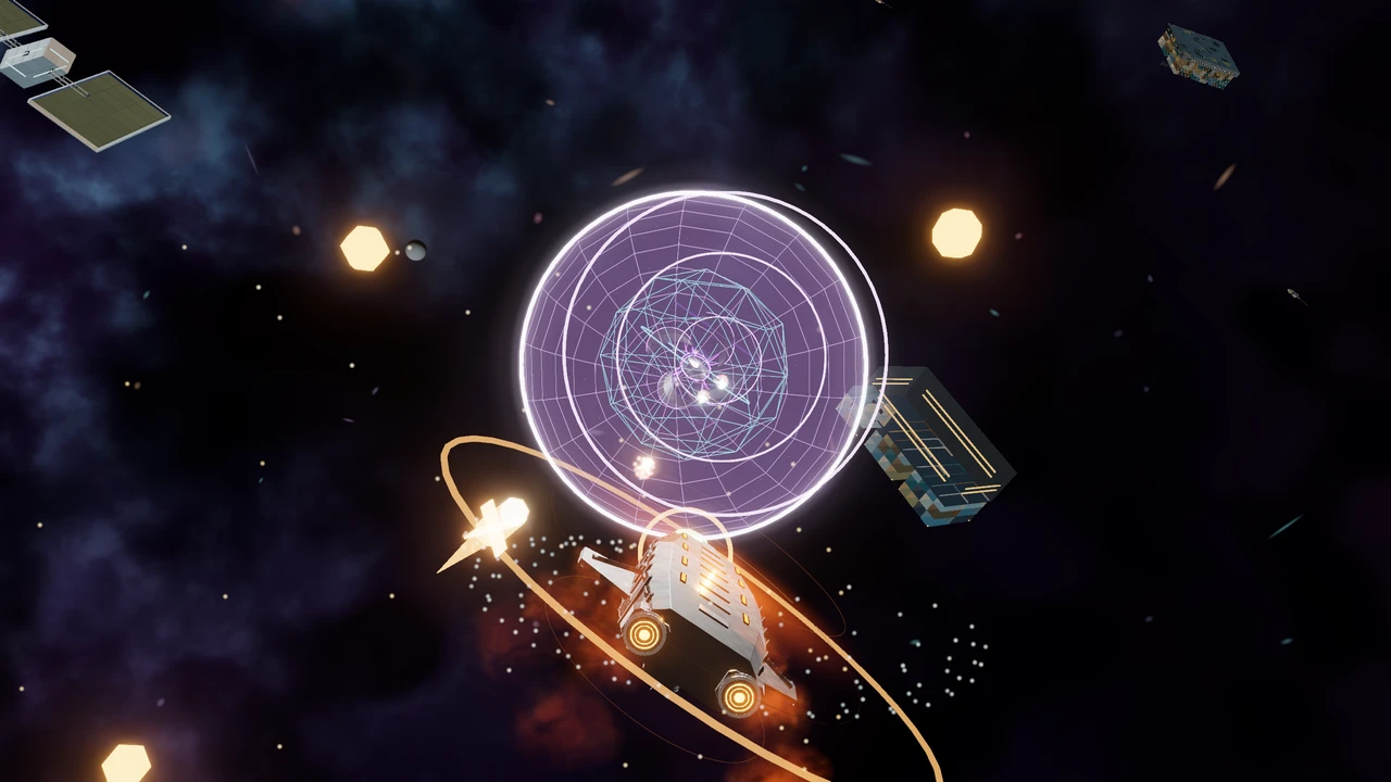 Orange-lit Warden dives beneath a violet deflector field amid glowing weapon particles and orbital supply hardware.