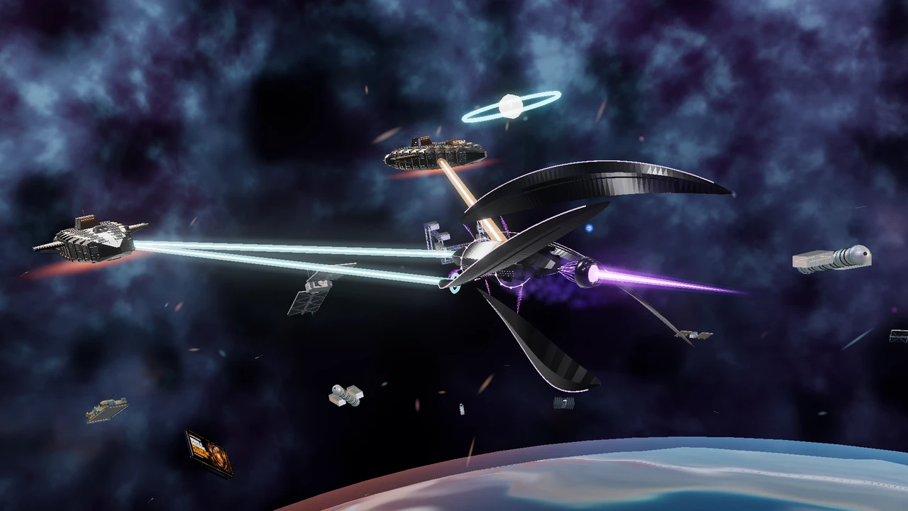 An authored combat composition using the current Wardens, weapon beams and MX-01.