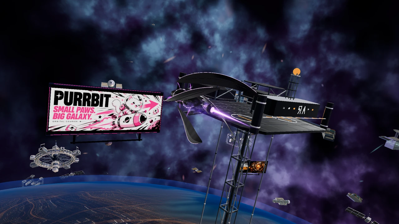 A banked staged pass beside the Dawn Harbor elevator over Hikari Reach using the current ship and planetary scenery.